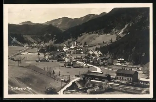 AK St. Aegyd a. N., Bahnhof und Ortsansicht aus der Vogelschau