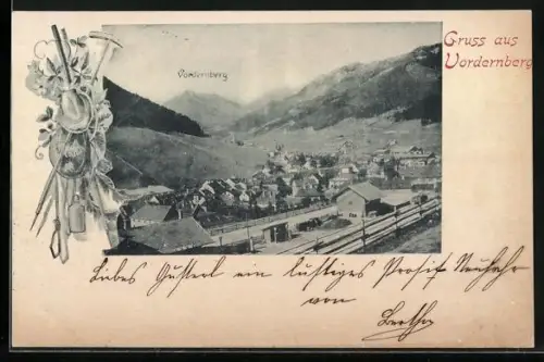 AK Vordernberg, Bahnhof, Ortsansicht aus der Vogelschau