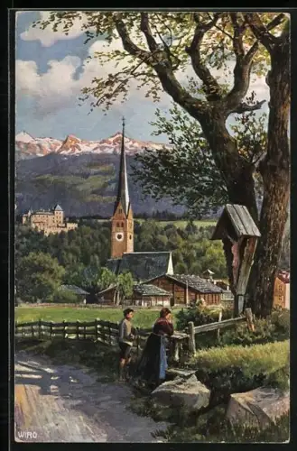 Künstler-AK Amras, Blick über den Ort zum Schloss Ambras, Flurkreuz