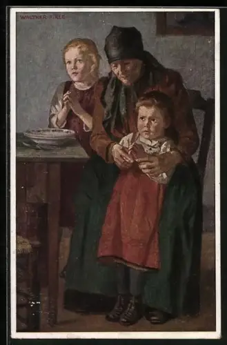 AK Deutschlands Spende für Säuglings- & Kleinkinderschutz, Familie betet daheim für ihren Vater an der Front