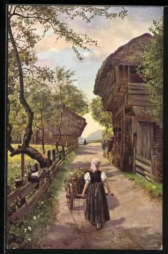 Künstler-AK Heinrich Hoffmann: Oberprechttal, Bäuerin mit Karren auf der Dorfstrasse