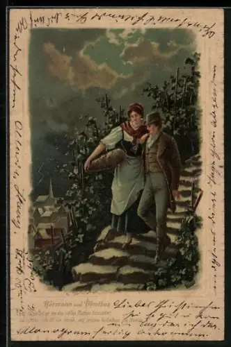 Lithographie Hermann und Dorothea, Liebespaar schreitet Treppe herab