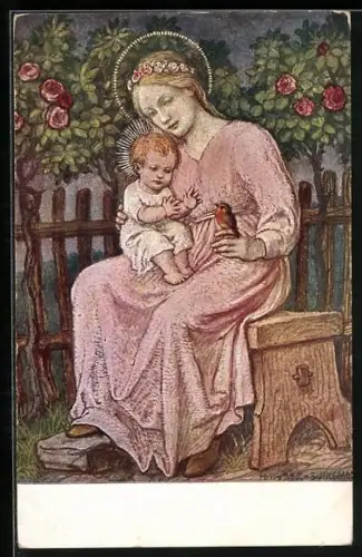 Künstler-AK Hans Huber-Sulzemoos: Maria mit dem Kinde und einem Vogel