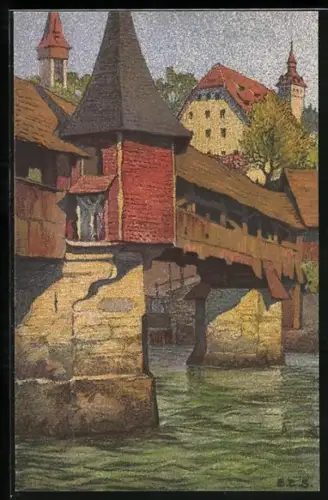 Künstler-AK Ernst E.Schlatter: Luzern, Partie bei der Totentanzbrücke
