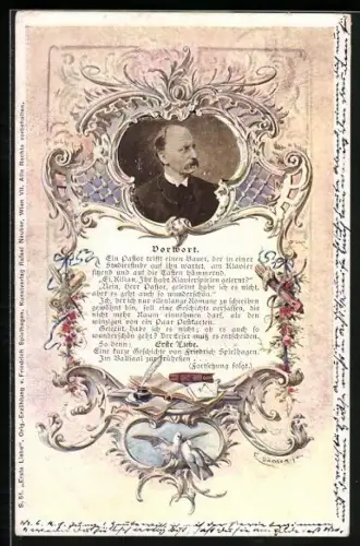 Künstler-AK E. Döcker: Portrait im geschmückten Rahmen, Ein Pastor trifft einen Bauer...