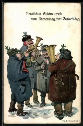 Künstler-Lithographie P. O. Engelhard (P.O.E.): Prosit Neujahr!, Blaskapelle