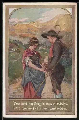 Künstler-AK A. Marussig: Wanderer sagt Lebewohl zu seiner Liebsten