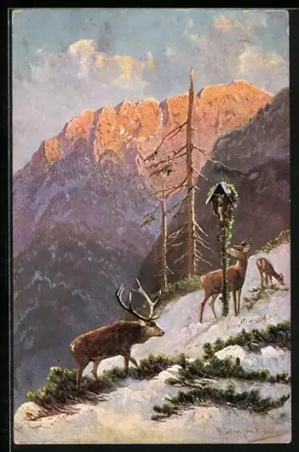 Künstler-AK M. Müller jun.: Hirsch und Rehe in schneebedeckten Bergen