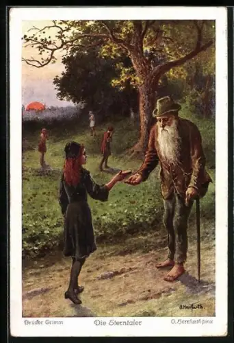 Künstler-AK Oskar Herrfurth: Die Sterntaler, Mädchen schenkt Bettler ihr Brot