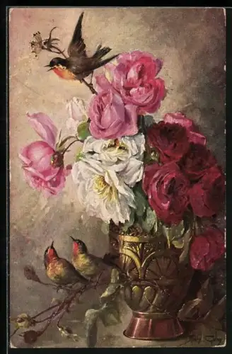 Künstler-AK Mary Golay: Rosen in einer Vase mit Schwalben