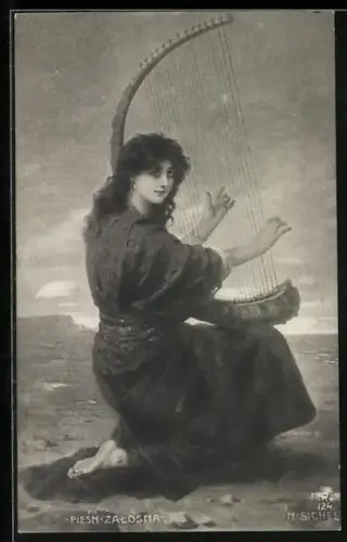 Künstler-AK Junge Frau mit Harfe