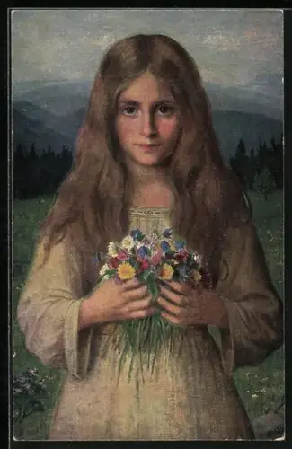 Künstler-AK sign. Emil Köhn: Bergfrühling, Junge Dame mit Blumenstrauss