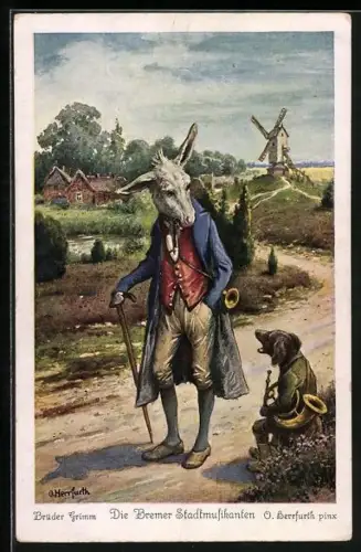Künstler-AK Oskar Herrfurth: Nr. 1, Die Bremer Stadtmusikanten, Esel mit einer Pfeife trifft den Hund mit Horn