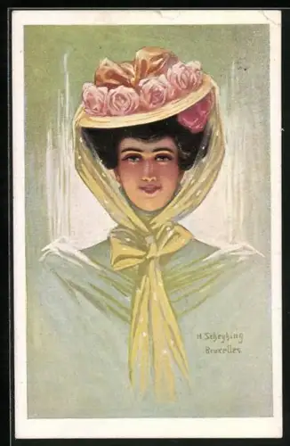 Künstler-AK sign. H. Scheyhing: wunderschöne Frau mit Rosenhut im Jugendstil