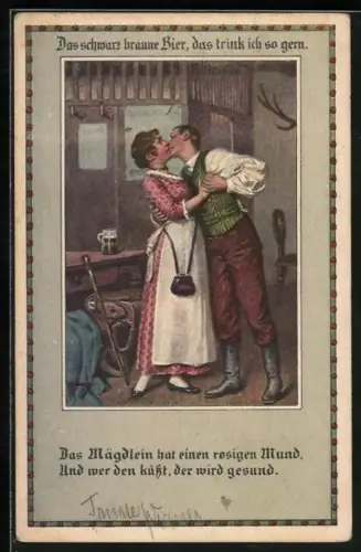 AK Wanderer küsst einer Wirtshausdame auf den Mund