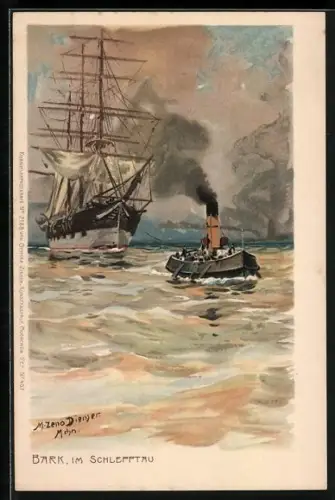 Künstler-AK Zeno Diemer: Bark, im Schlepptau, Schleppkahn zieht Segelschiff