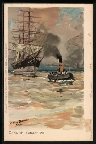 Künstler-AK Zeno Diemer: Bark, im Schlepptau, Schleppkahn zieht Segelschiff