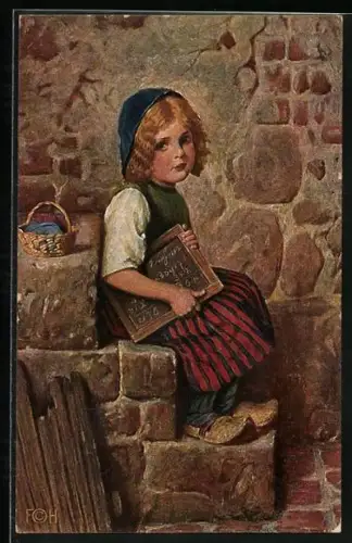 Künstler-AK Degi Nr. 930: Kleines Mädchen mit Tafel in der Hand