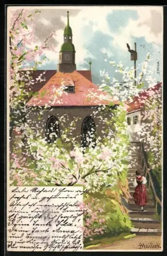Künstler-AK Alfred Mailick: Frau steigt die Treppen zur Kirche empor