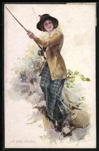 Künstler-AK Schöne Frau beim Angeln