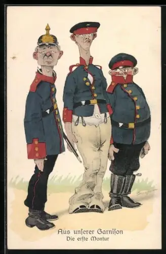 Künstler-AK Soldatenhumor, Aus unserer Garnison, Die erste Montur, Karikatur deutsche Soldaten in unpassender Uniform