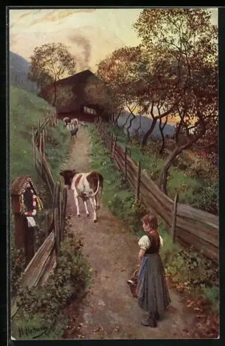 Künstler-AK Heinrich Hoffmann: Rindertrieb am Abend