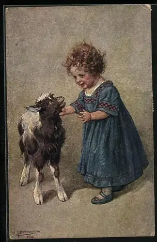 Künstler-AK R. Borrmeister: Spielkameraden, Mädchen mit Zicklein