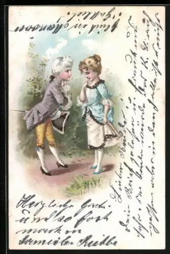 Glitzer-Perl-AK Zwei Kinder in Rococo Kleidung mit Glitzer auf ihren Gewändern