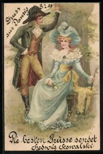 Glitzer-Perl-AK Liebespaar rastet unter einem Baum, dekoriert mit Glitzer-Perlen