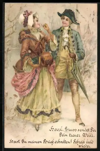 Glitzer-Perl-AK Elegante Dame und Herr mit Schirm mit Glitzer-Perlen