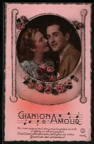 Glitzer-Perl-AK Paar in einem runden Rahmen mit Rosen mit Glitzer-Perlen, Chanson d`Amour