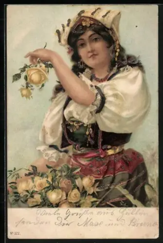Glitzer-Perl-AK Dame in Tracht mit gelben Rosen mit Glitzer-Perlen