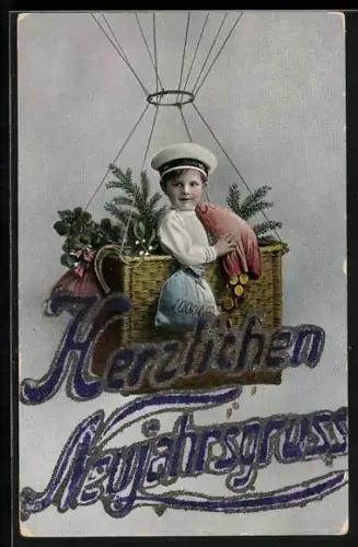 Glitzer-Perl-AK Junge mit Geldsäcken im Korb eines Ballons, Schriftzug Herzlichen Neujahrsgruss mit Glitzer