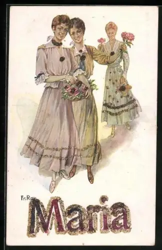 Glitzer-Perl-AK Drei junge Frauen mit Blumenkörben, Maria mit Glitzer-Perlen