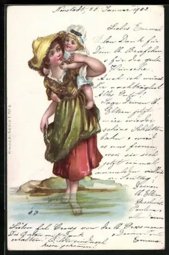 Glitzer-Perl-AK Mädchen trägt ihre kleine Schwester auf dem Rücken, mit Glitzer-Perlen dekoriert