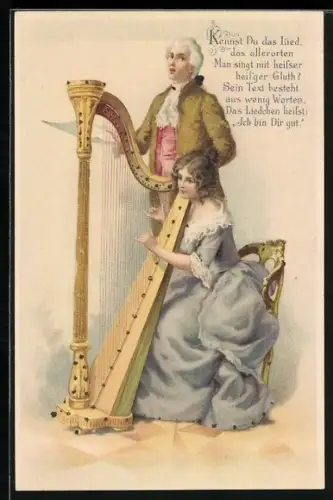 Glitzer-Perl-AK Sänger wird von einer Harfistin begleitet, mit Glitzer-Perlen dekoriert