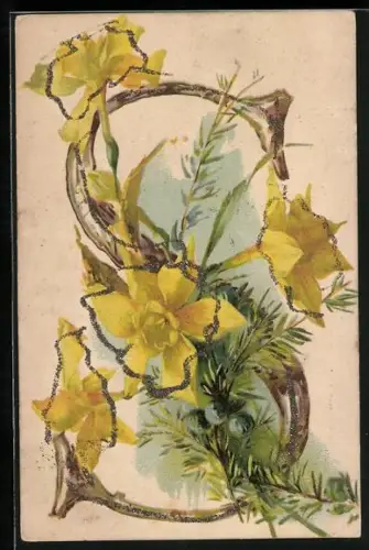 Glitzer-Perl-AK Buchstabe S mit Narzissen mit Glitzer-Perlen