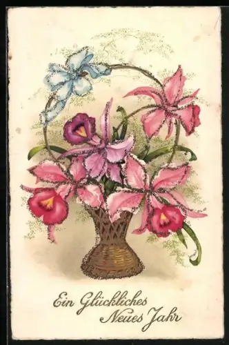 Glitzer-Perl-AK Blumenkorb mit Glitzer-Perlen, Ein Glückliches Neues Jahr