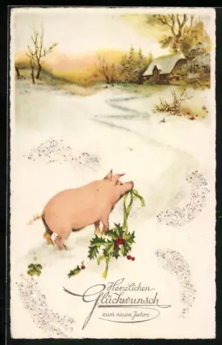 Glitzer-Perl-AK Schwein trägt einen Stechpalmenzweig durch den Schnee, mit Glitzer dekoriert