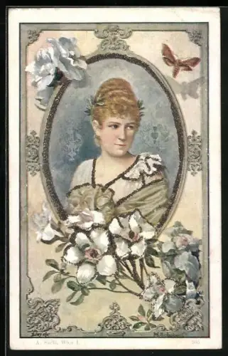 Glitzer-Perl-AK Porträt einer Frau in ovalem Rahmen mit Blumen mit Glitzer-Perlen