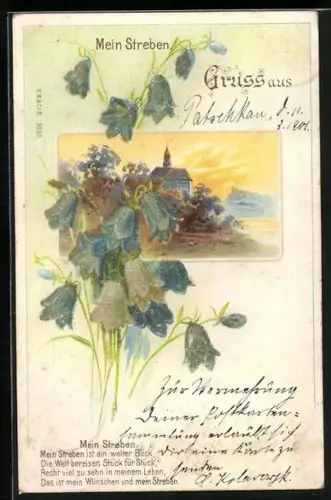Glitzer-Perl-AK Idylissche Landschaft, Blaue Blumen mit Perlen