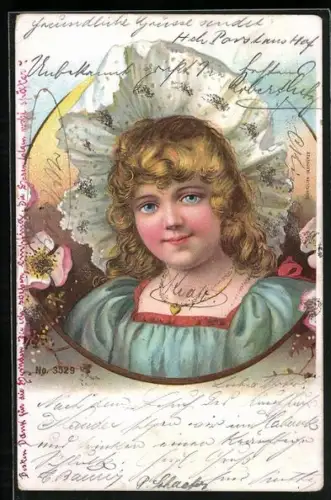 Glitzer-Perl-AK Mädchen mit Blumen und Haube mit Glitzer-Perlen