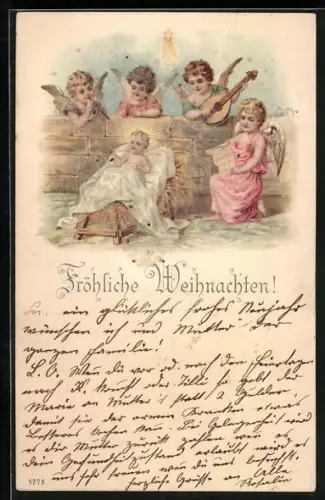 Glitzer-Perl-AK Weihnachtsengel musizieren um das Christuskind, dekoriert mit Glitzer