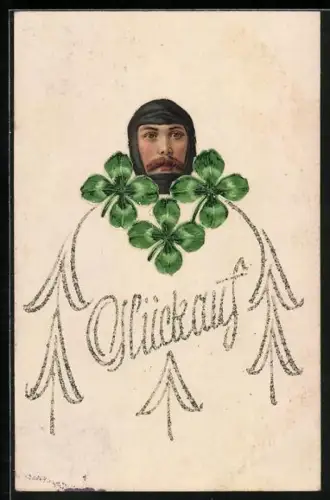 Glitzer-Perl-AK Gesicht eines Mannes mit Kleeblättern, Schriftzug Glückauf mit Glitzer-Perlen