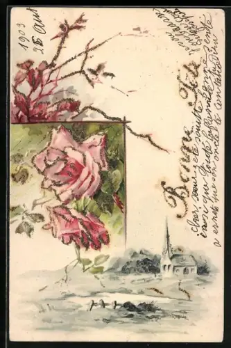 Glitzer-Perl-AK Idyllische Landschaft, Rosen mit Glitzer-Perlen