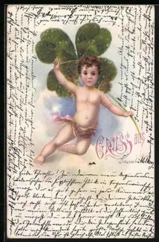 Glitzer-Perl-AK Engel mit Kleeblatt in der Hand mit Perlen