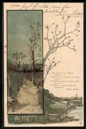 Glitzer-Perl-AK Ein verschneiter Wanderweg mit Perlen