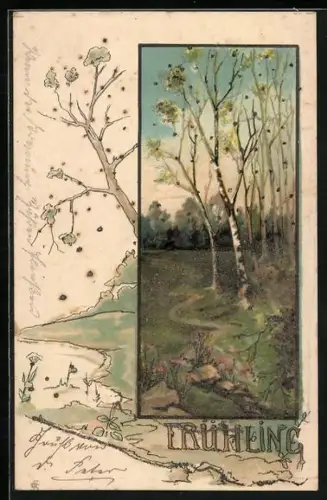 Glitzer-Perl-AK Birken mit grünen Knospen mit Glitzer-Perlen