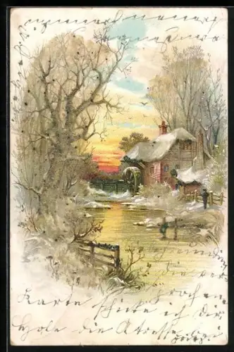 Glitzer-Perl-AK Idyllische Flusspartie bei einer Mühle mit Glitzer in den Bäumen