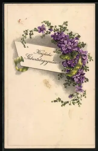 Glitzer-Perl-AK Lilane Blumen mit Glitzer-Perlen, Herzliche Geburtstagsgrüsse